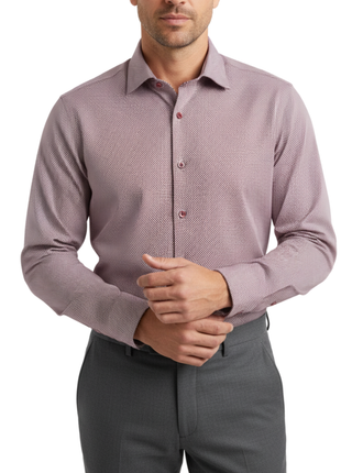 Mens Micro-Check Burgundy Slim Fit Cotton Blend Stretch Spread Collar Dress Shirt
