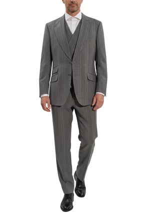 Apollo King Mens Gray Stripe Classic Fit Peak Lapel Wool 3 Piece Suit