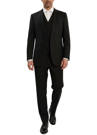 Apollo King Mens Solid Black Classic Fit Peak Lapel Wool 3 Piece Suit - The Suit Depot