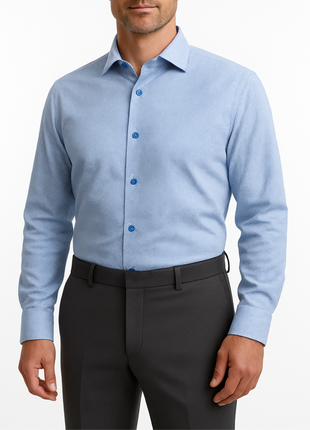 Mens Micro-Check Cadet Blue Slim Fit Cotton Blend Stretch Spread Collar Dress Shirt