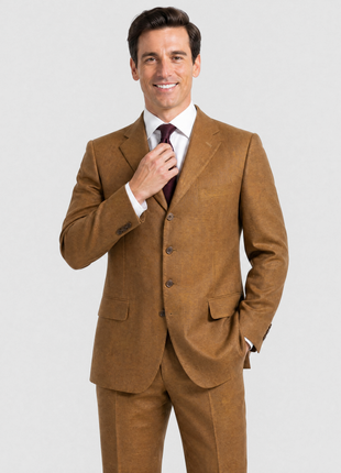 Sartoria Partenopea Mens Solid Golden Brown Notch Lapel Classic Fit 4-button Linen Suit - 42R