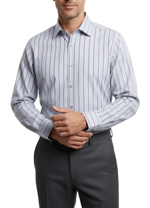 Mens Stripe Gray and Burgundy Contemporary Fit Cotton Blend Stretch Spread Collar Dress Shirt