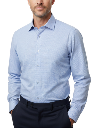 Proper Shirtings Cadet Blue Grid Windowpane Contemporary Fit Cotton Spread Collar Wrinkle Free Dress Shirt