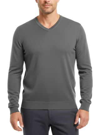 Proper Sport Mens Charcoal Gray Regular Fit V-Neck Cotton Silk Knit Sweater - The Suit Depot