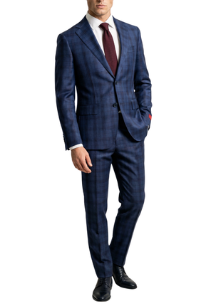 Joseph Bach Mens Blue Windowpane Plaid Half-Canvassed Slim Fit Notch Lapels 2 Button Wool Suit