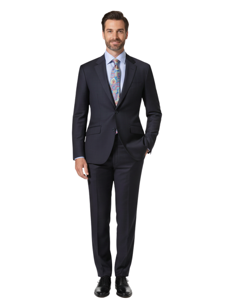 Beragamo Elegant Mens Navy Subtle Windowpane Modern Fit Notch Lapel Wool 2 Button Suit