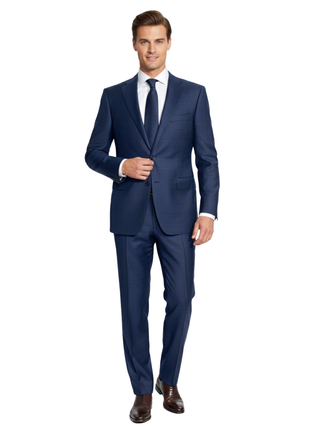 Canali Navy Blue Plaid Notch Lapel Classic Fit 100% Wool 2 Button Suit 48L