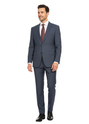 Hugo Boss Navy Blue Plaid Windowpane Notch Lapels Wool 2-Button Suit - 40R