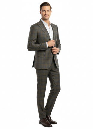 Beragamo Elegant Mens Green With Blue Plaid Modern Fit Peak Lapel Wool 2 Button Suit