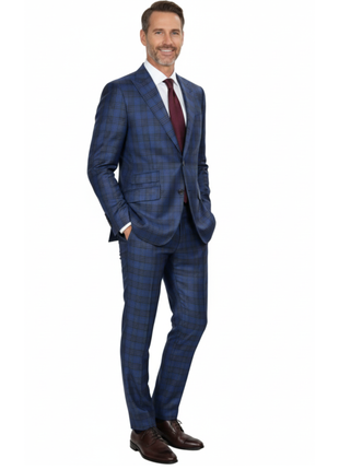 Beragamo Elegant Mens Blue With Burgundy Plaid Slim Fit Peak Lapel Wool 2 Button Suit