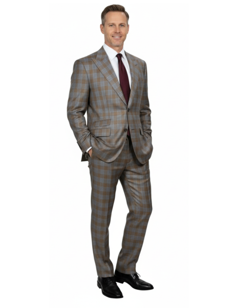 Beragamo Elegant Mens Beige With Light Blue Plaid Modern Fit Peak Lapel Wool 2 Button Suit