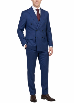 Centrion Mens Cobalt Blue Tonal Stripe Peak Lapels Slim Fit 2 Button Double Breasted Wool Suit