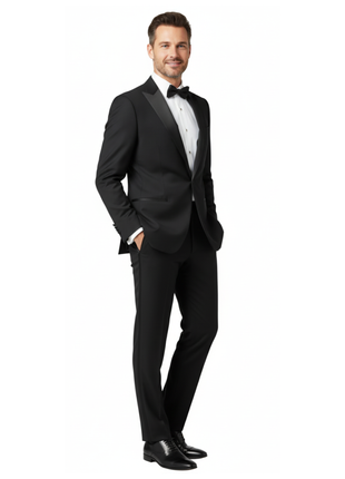 Label E Solid Black One Button 100% Wool Tuxedo Suit With Satin Peak Lapels