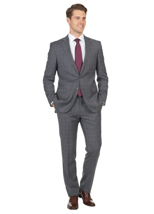 Hugo Boss Mens 42L Gray Windowpane 100% Wool Slim Fit 2 Piece Suit