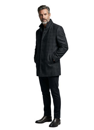 Pierre Carlos Mens Navy Blue Plaid Wool Cashmere Blend 3/4 Length Overcoat - The Suit Depot