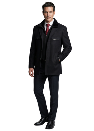 Pierre Carlos Mens Solid Black Wool Cashmere Overcoat
