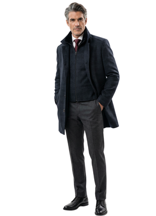 Pierre Carlos Mens Solid Black Wool Cashmere 3/4 Length Overcoat - The Suit Depot