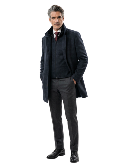 Pierre Carlos Mens Solid Black Wool Cashmere 3/4 Length Overcoat