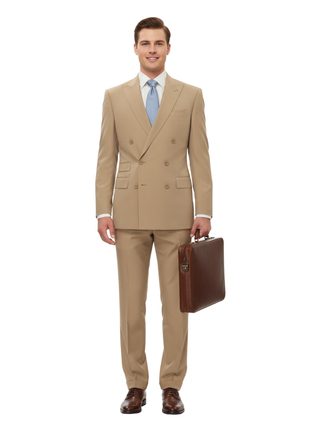 Ralph Lauren Purple Label Mens 38L Tan 100% Silk Double Breasted 2 Piece Suit