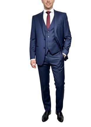 Corneliani Mens Navy Textured Fully-Canvassed Peak Lapel Slim Fit 3-Piece Wool Suit - 46L - The Suit Depot