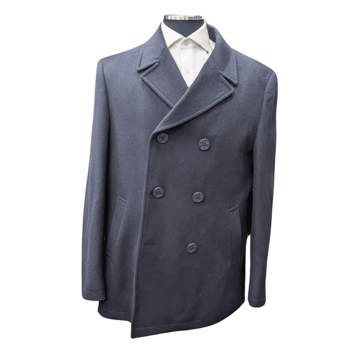 Cianni Mens Solid Navy Blue Double Breasted Wool Blend Peacoat Overcoat