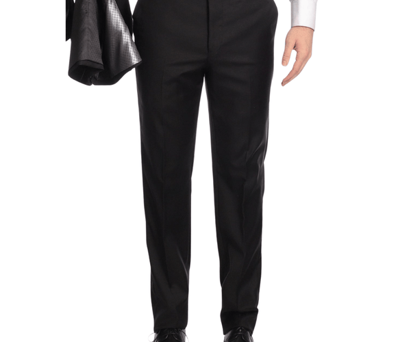 Mens Classic Fit Solid Black Flat Front Wool Dress Pants, 34