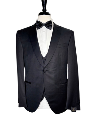 Corneliani Mens Solid Black Fully-Canvassed Peak Lapel Slim Fit 3-Piece Wool Tuxedo - 42R