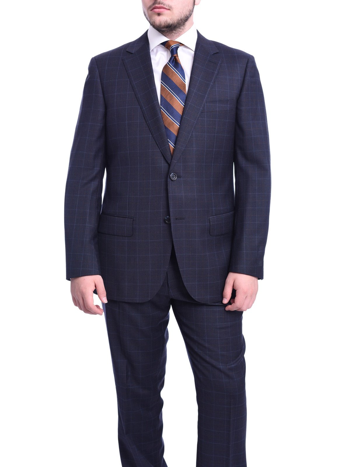 Napoli Classic Fit Blue Windowpane Plaid Half Canvassed Super 150s Wool Suit