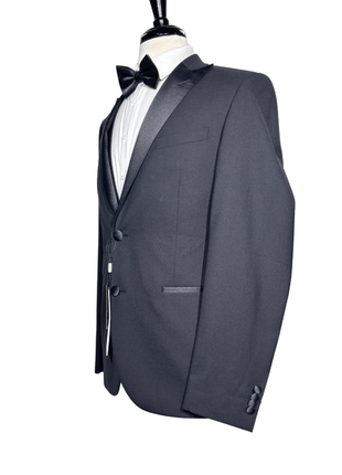 Corneliani CC Collection Solid Black Satin Peak Lapel Slim Fit 3-Piece Wool Tuxedo - 40R
