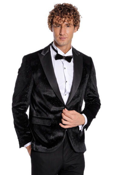 Wessi Mens Black Slim Fit Tuxedo Prom Jacket Blazer With Satin Peak Lapels