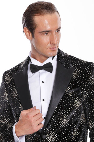 Wessi Mens Black & Gold Dot Pattern Slim Fit Tuxedo Prom Jacket With Peak Lapels