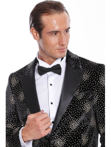 Wessi Mens Black & Gold Dot Pattern Slim Fit Tuxedo Prom Jacket With Peak Lapels