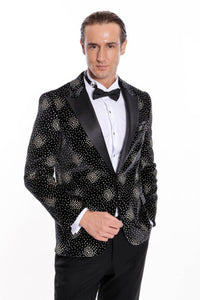 Thumbnail for Wessi Mens Black & Gold Dot Pattern Slim Fit Tuxedo Prom Jacket With Peak Lapels