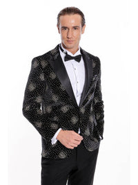 Thumbnail for Wessi Mens Black & Gold Dot Pattern Slim Fit Tuxedo Prom Jacket With Peak Lapels