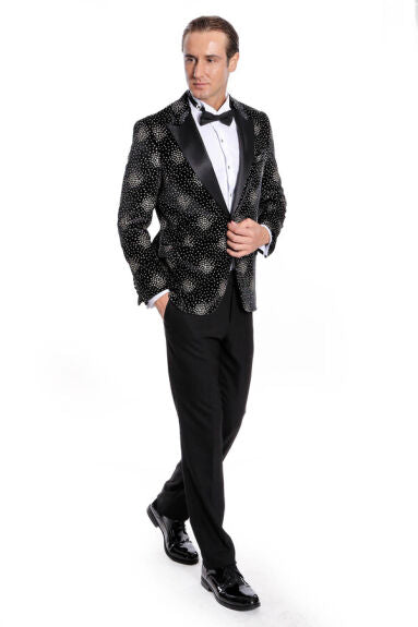 Wessi Mens Black &amp; Gold Dot Pattern Slim Fit Tuxedo Prom Jacket With Peak Lapels