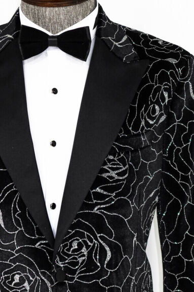 Wessi Silver Rose Patterned Over Black Slim Fit Tuxedo Prom Jacket Blazer With Peak Lapels