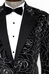 Thumbnail for Wessi Silver Rose Patterned Over Black Slim Fit Tuxedo Prom Jacket Blazer With Peak Lapels
