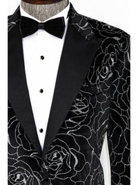 Thumbnail for Wessi Silver Rose Patterned Over Black Slim Fit Tuxedo Prom Jacket Blazer With Peak Lapels