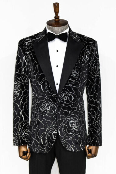 Wessi Silver Rose Patterned Over Black Slim Fit Tuxedo Prom Jacket Blazer With Peak Lapels