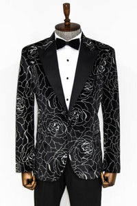 Thumbnail for Wessi Silver Rose Patterned Over Black Slim Fit Tuxedo Prom Jacket Blazer With Peak Lapels