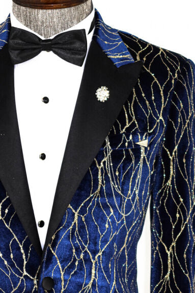 Wessi Mens Blue &amp; Gold Patterned Slim Fit Tuxedo Jacket With Satin Peak Lapels