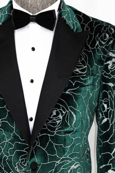 Wessi Mens Silver Rose Patterned Over Green Slim Fit Tuxedo Prom Jacket Blazer With Peak Lapels