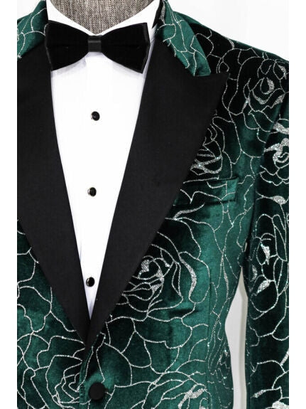 Wessi Mens Silver Rose Patterned Over Green Slim Fit Tuxedo Prom Jacket Blazer With Peak Lapels