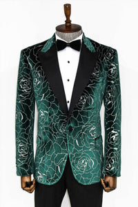 Thumbnail for Wessi Mens Silver Rose Patterned Over Green Slim Fit Tuxedo Prom Jacket Blazer With Peak Lapels