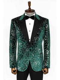 Thumbnail for Wessi Mens Silver Rose Patterned Over Green Slim Fit Tuxedo Prom Jacket Blazer With Peak Lapels