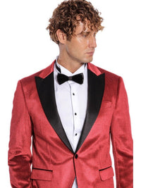 Thumbnail for Wessi Red Sparkle Tuxedo Prom Jacket Blazer With Black Satin Peak Lapels