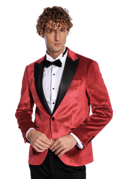 Wessi Red Sparkle Tuxedo Prom Jacket Blazer With Black Satin Peak Lapels