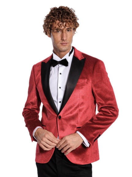 Wessi Red Sparkle Tuxedo Prom Jacket Blazer With Black Satin Peak Lapels