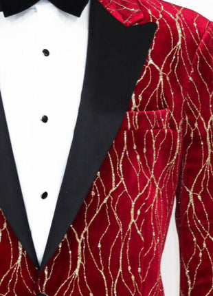 Wessi Men's Gold Rose Patterned Over Red Slim Fit Tuxedo Jacket With Satin Peak Lapels