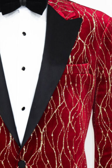 Wessi Men&#39;s Gold Rose Patterned Over Red Slim Fit Tuxedo Jacket With Satin Peak Lapels